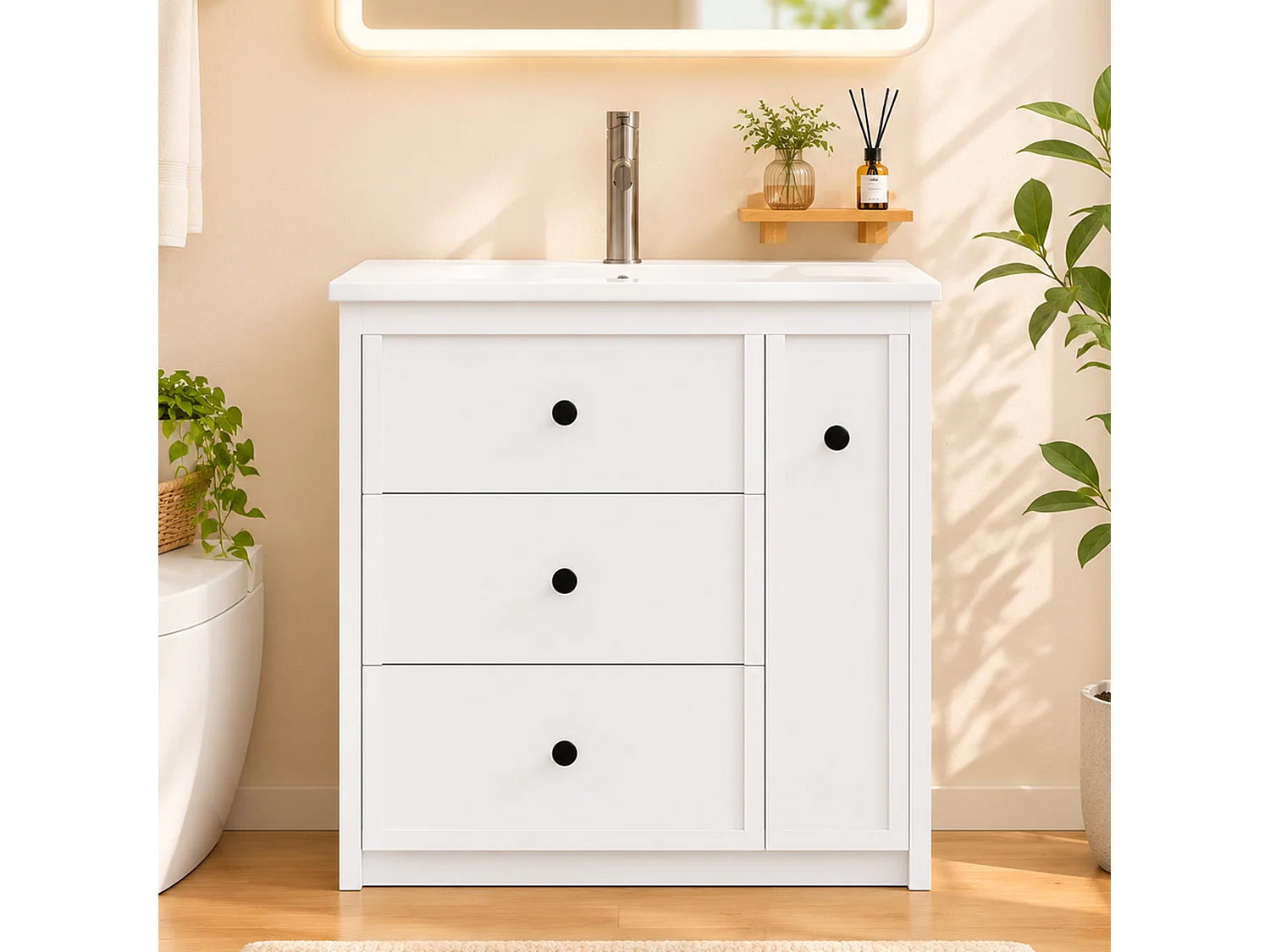 Mobile bagno con lavabo in ceramica e 4 cassetti - MDF e ceramica - 76,2 x 46,2 x 82 cm - Bianco