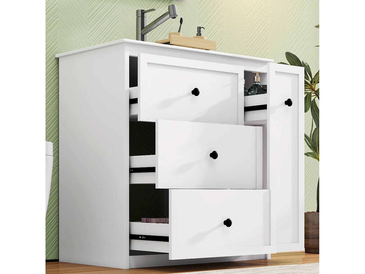 Mobile bagno con lavabo in ceramica e 4 cassetti - MDF e ceramica - 76,2 x 46,2 x 82 cm - Bianco