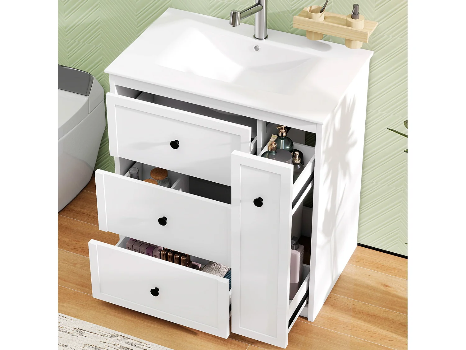Mobile bagno con lavabo in ceramica e 4 cassetti - MDF e ceramica - 76,2 x 46,2 x 82 cm - Bianco
