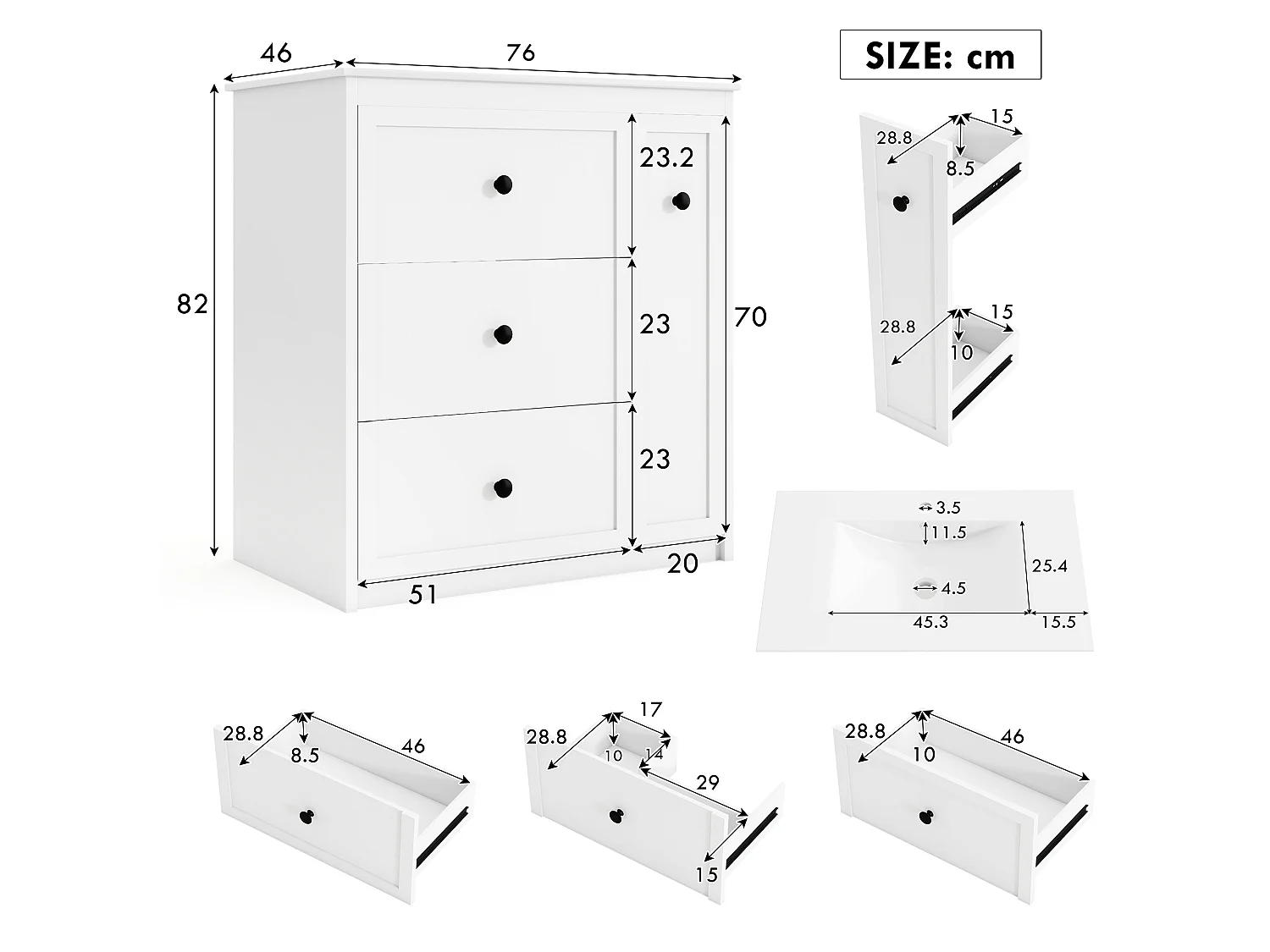 Mobile bagno con lavabo in ceramica e 4 cassetti - MDF e ceramica - 76,2 x 46,2 x 82 cm - Bianco