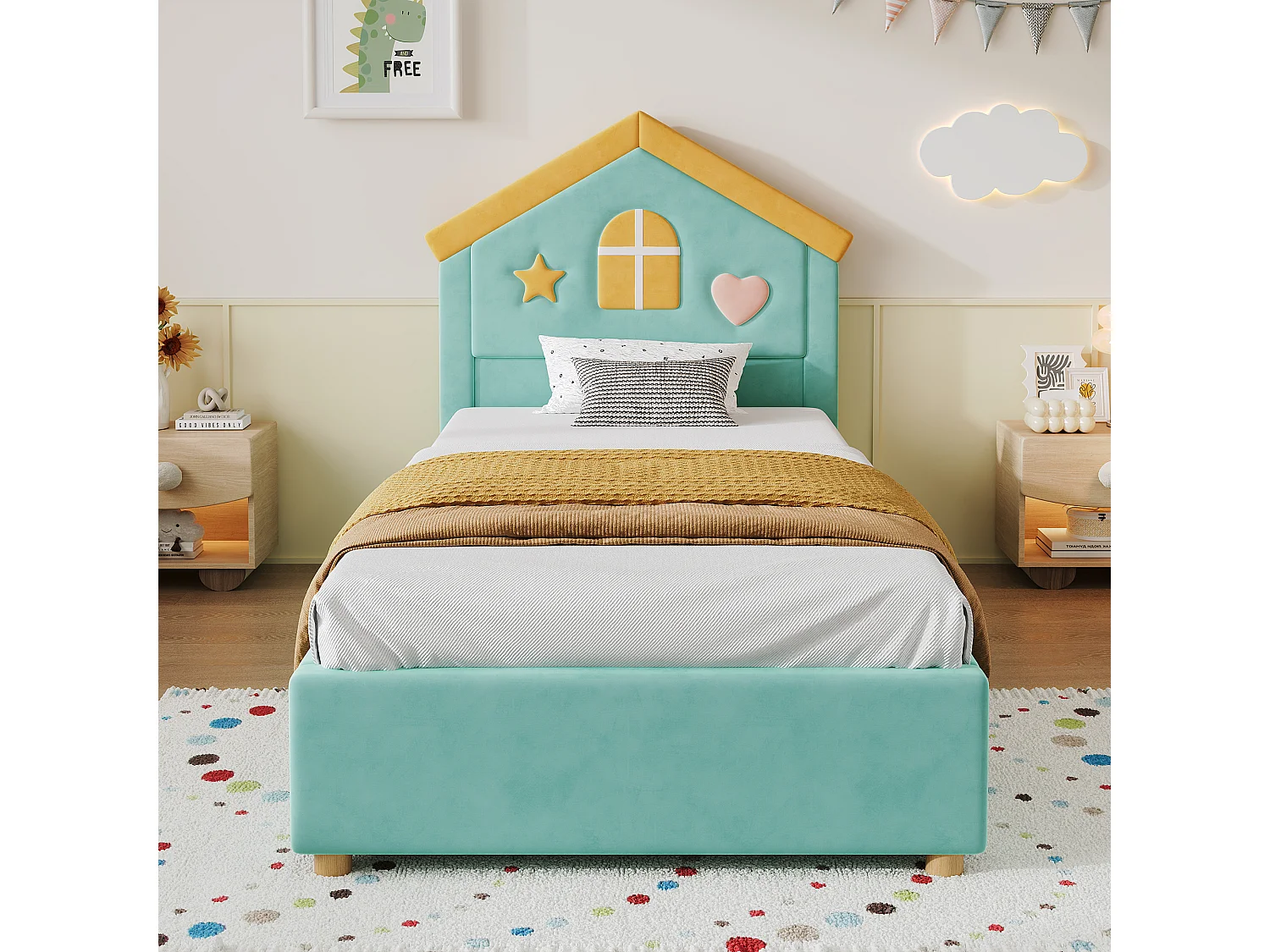 Lit simple pour enfant rembourré 90x200cm - avec 4 tiroirs - tête de lit en forme de maison - tissu velours - bleu-vert (sans matelas)