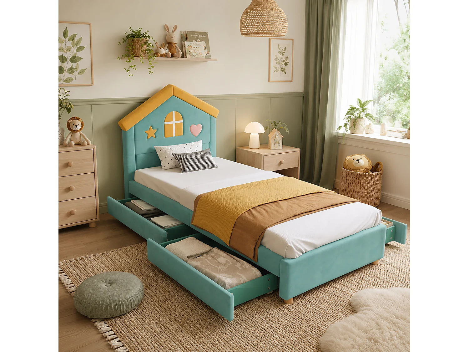 Lit simple pour enfant rembourré 90x200cm - avec 4 tiroirs - tête de lit en forme de maison - tissu velours - bleu-vert (sans matelas)