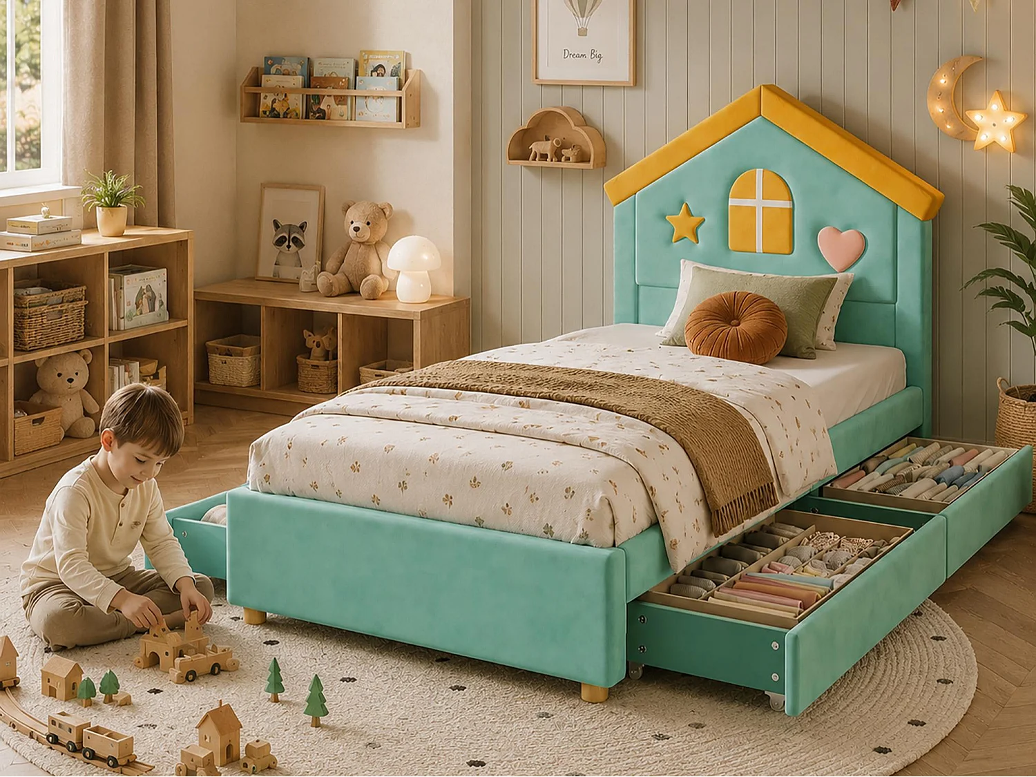 Lit simple pour enfant rembourré 90x200cm - avec 4 tiroirs - tête de lit en forme de maison - tissu velours - bleu-vert (sans matelas)