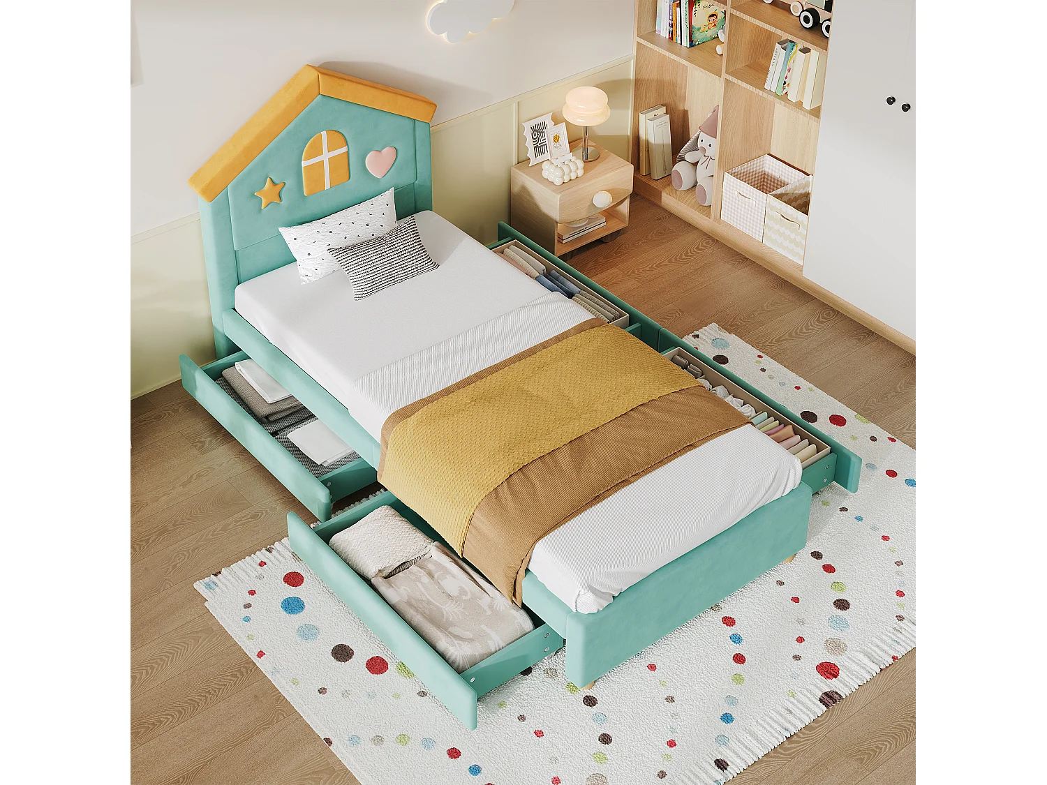 Lit simple pour enfant rembourré 90x200cm - avec 4 tiroirs - tête de lit en forme de maison - tissu velours - bleu-vert (sans matelas)