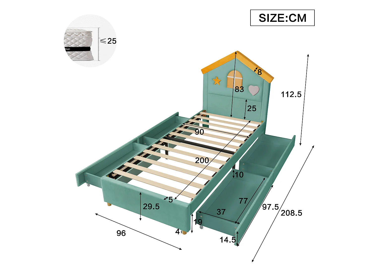 Lit simple pour enfant rembourré 90x200cm - avec 4 tiroirs - tête de lit en forme de maison - tissu velours - bleu-vert (sans matelas)