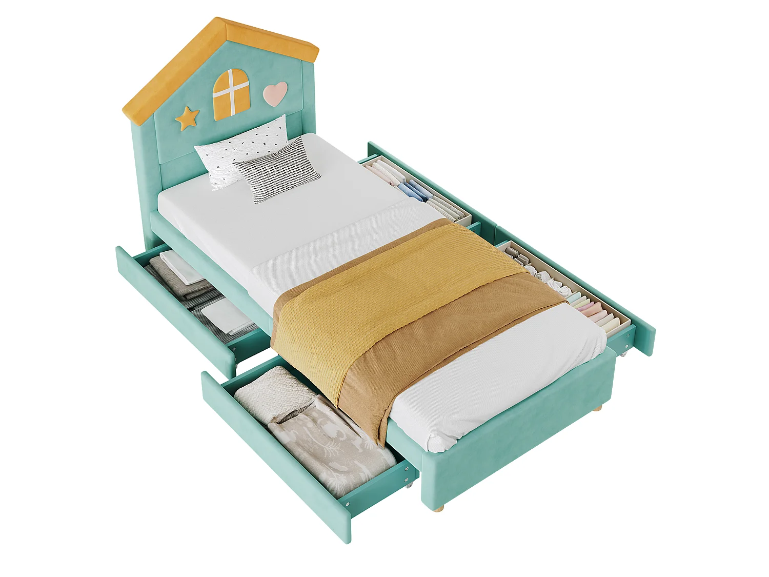 Lit simple pour enfant rembourré 90x200cm - avec 4 tiroirs - tête de lit en forme de maison - tissu velours - bleu-vert (sans matelas)