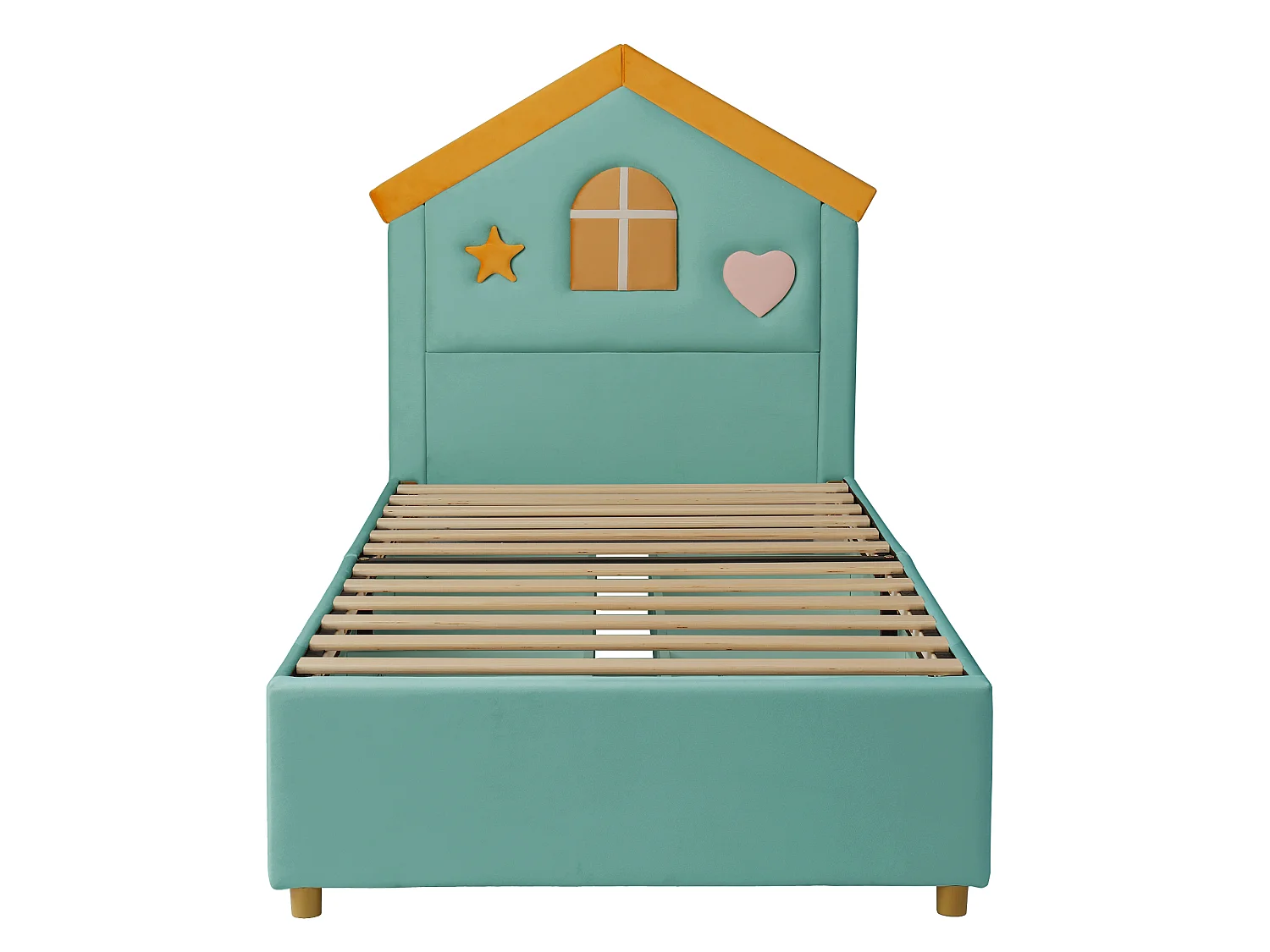 Lit simple pour enfant rembourré 90x200cm - avec 4 tiroirs - tête de lit en forme de maison - tissu velours - bleu-vert (sans matelas)
