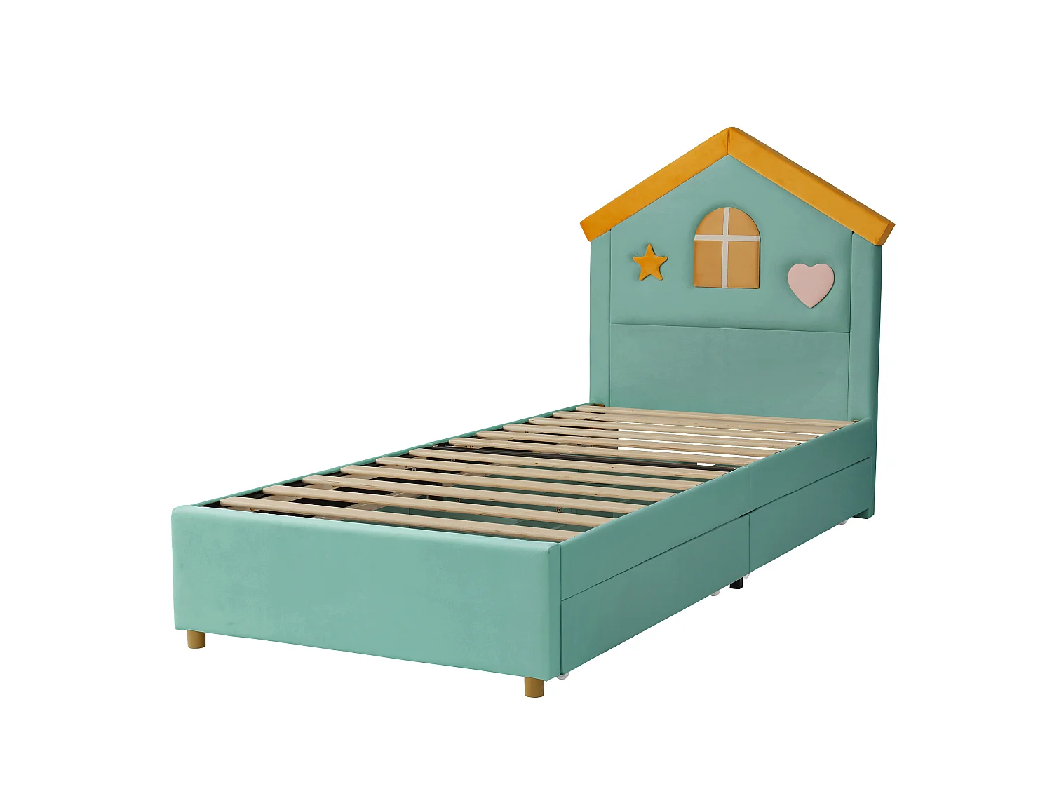 Lit simple pour enfant rembourré 90x200cm - avec 4 tiroirs - tête de lit en forme de maison - tissu velours - bleu-vert (sans matelas)