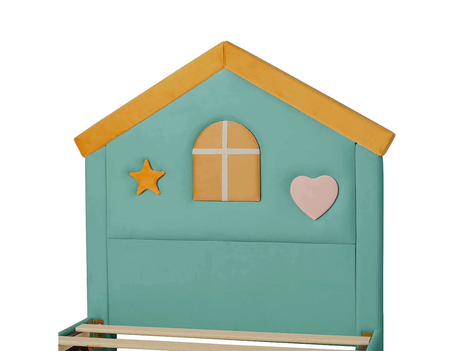 Lit simple pour enfant rembourré 90x200cm - avec 4 tiroirs - tête de lit en forme de maison - tissu velours - bleu-vert (sans matelas)