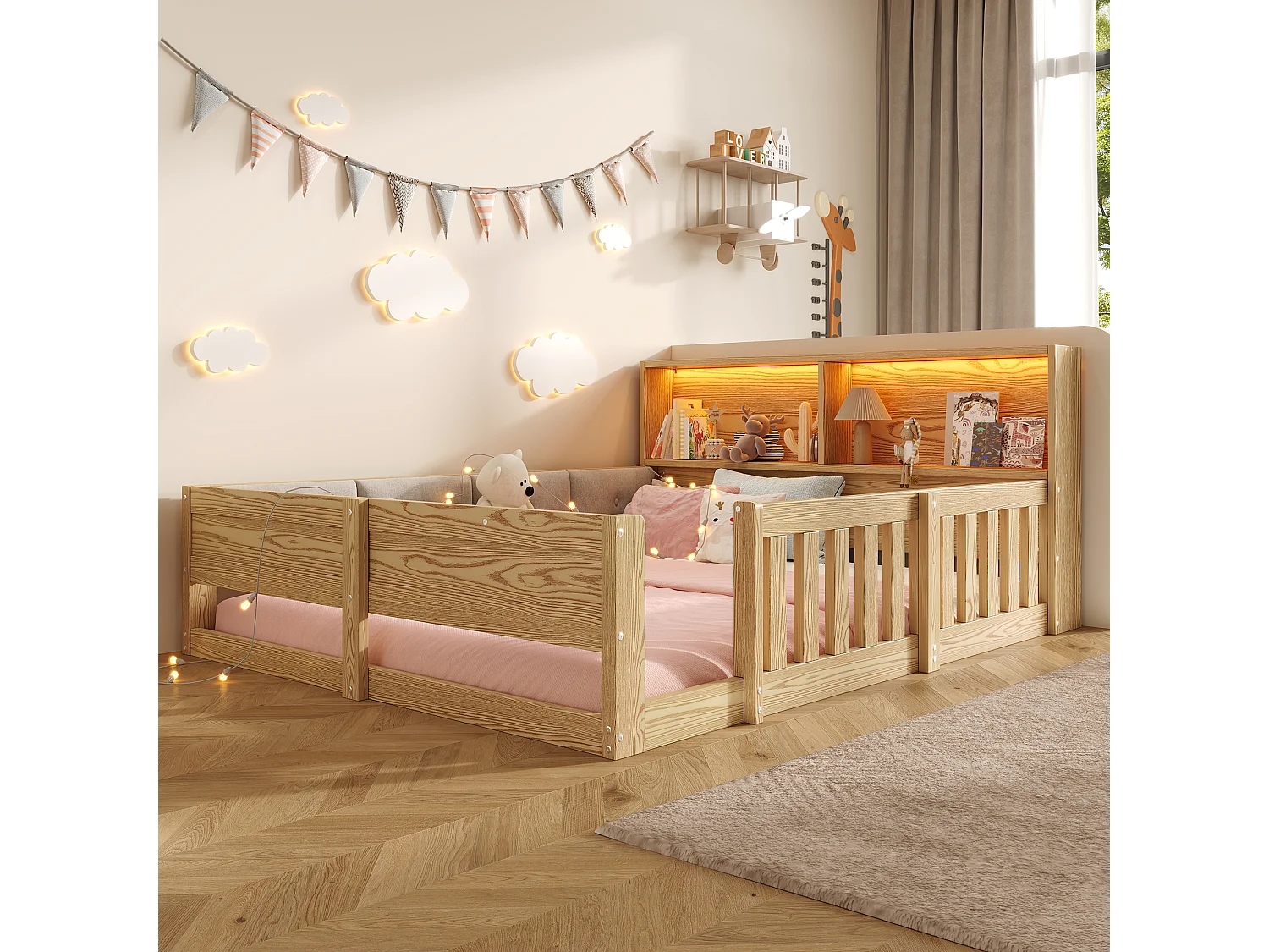 Kinderbett 140 x 200 cm - mit Sicherheitsbarrieren - gepolsterte Seitenwände - mit LED-Lichtleiste - natur (Matratze nicht enthalten)