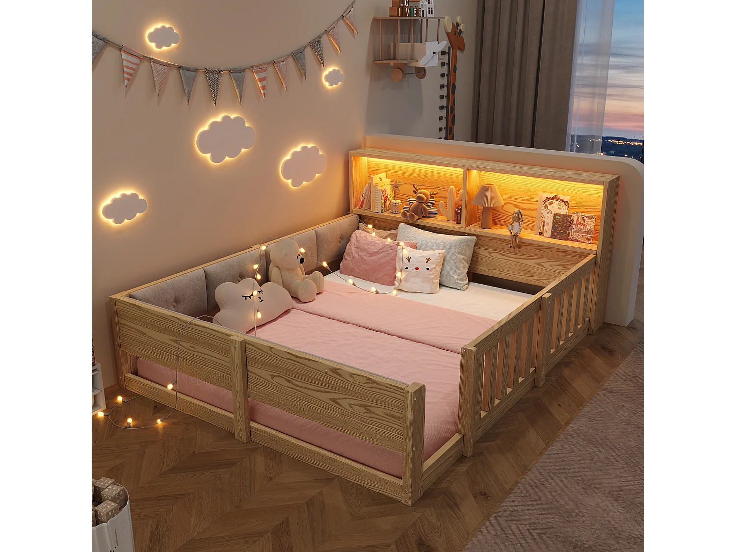 Kinderbett 140 x 200 cm - mit Sicherheitsbarrieren - gepolsterte Seitenwände - mit LED-Lichtleiste - natur (Matratze nicht enthalten)
