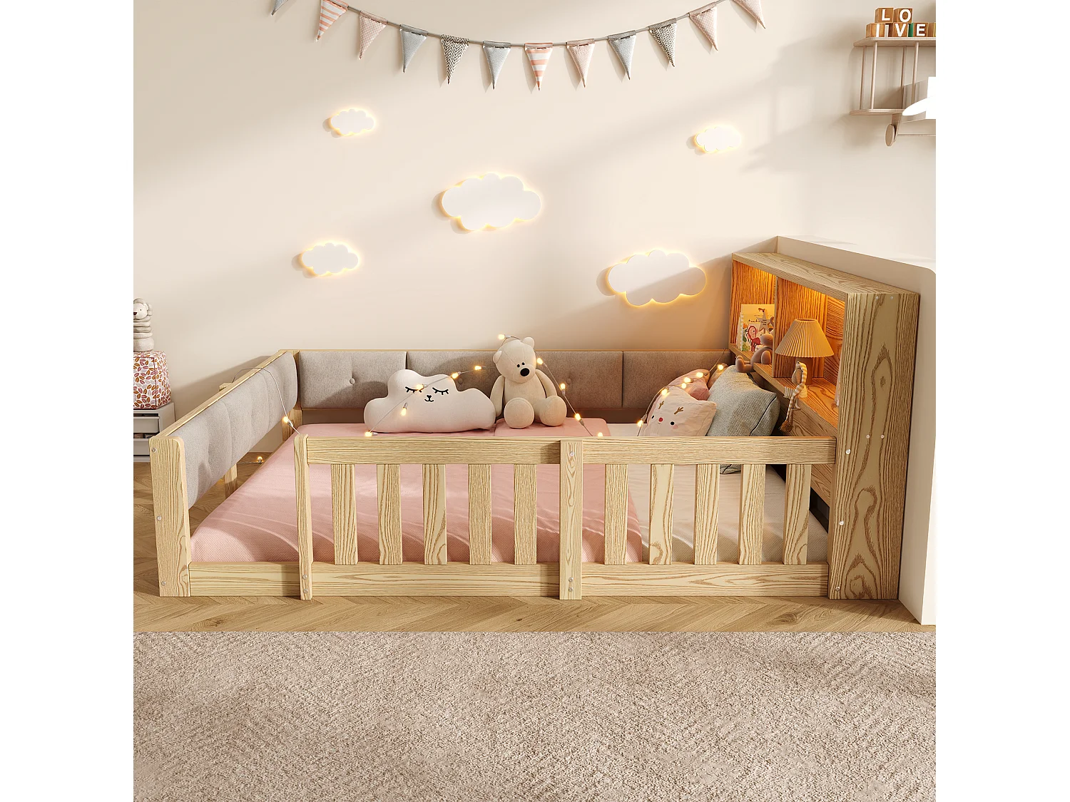 Kinderbett 140 x 200 cm - mit Sicherheitsbarrieren - gepolsterte Seitenwände - mit LED-Lichtleiste - natur (Matratze nicht enthalten)