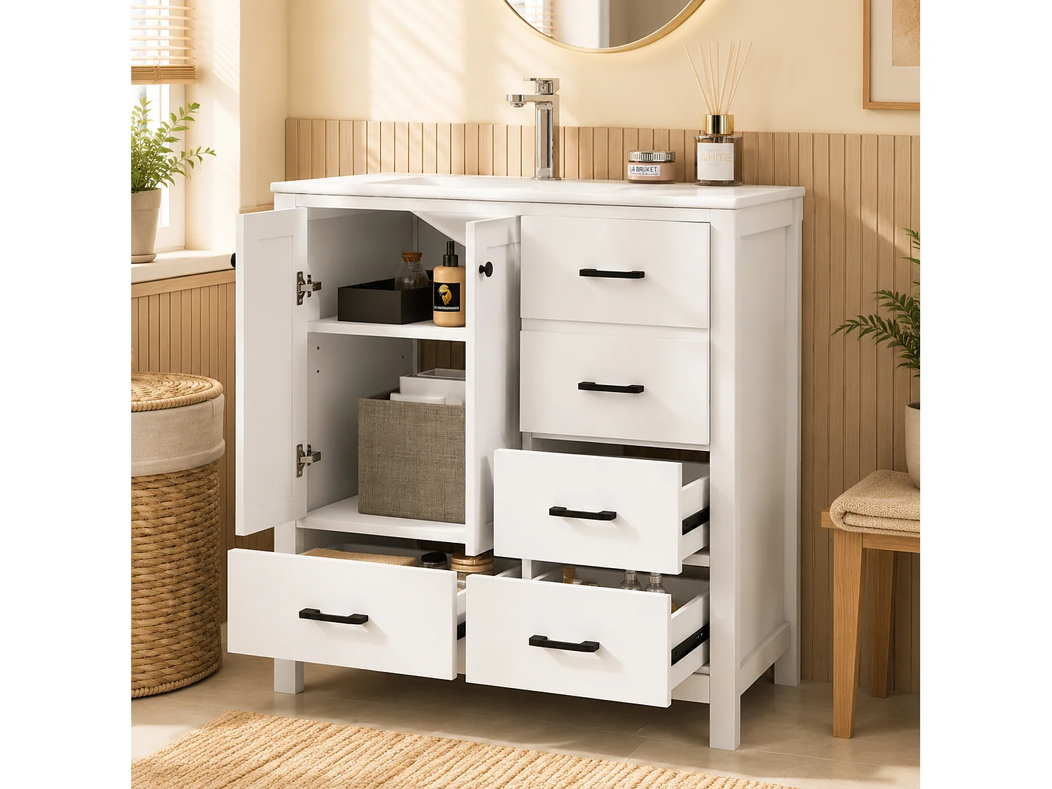 Mobile bagno con lavabo in ceramica, 4 cassetti e 2 ante - MDF e ceramica - 76 x 46,3 x 82,3 cm - Bianco