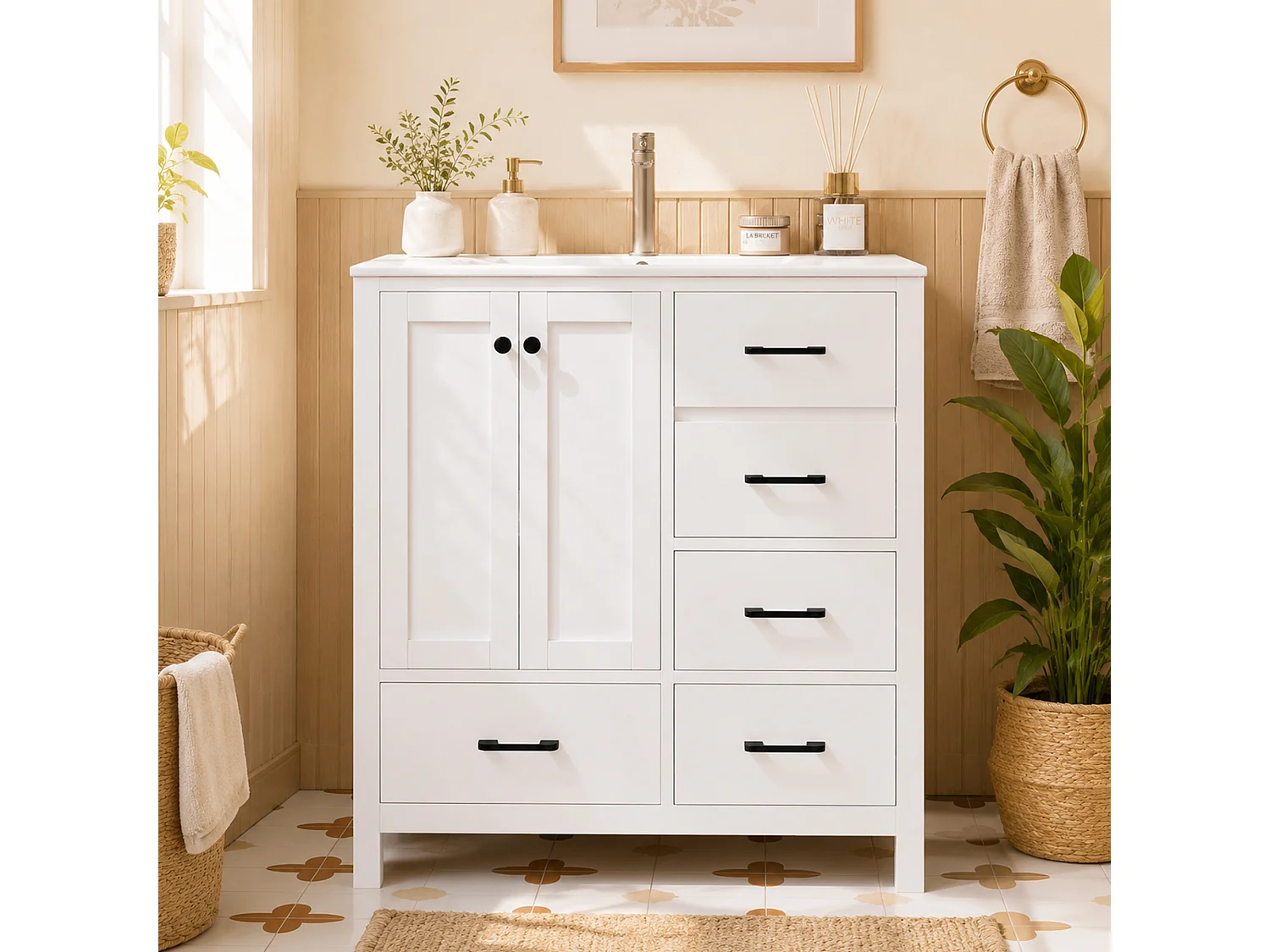 Mobile bagno con lavabo in ceramica, 4 cassetti e 2 ante - MDF e ceramica - 76 x 46,3 x 82,3 cm - Bianco