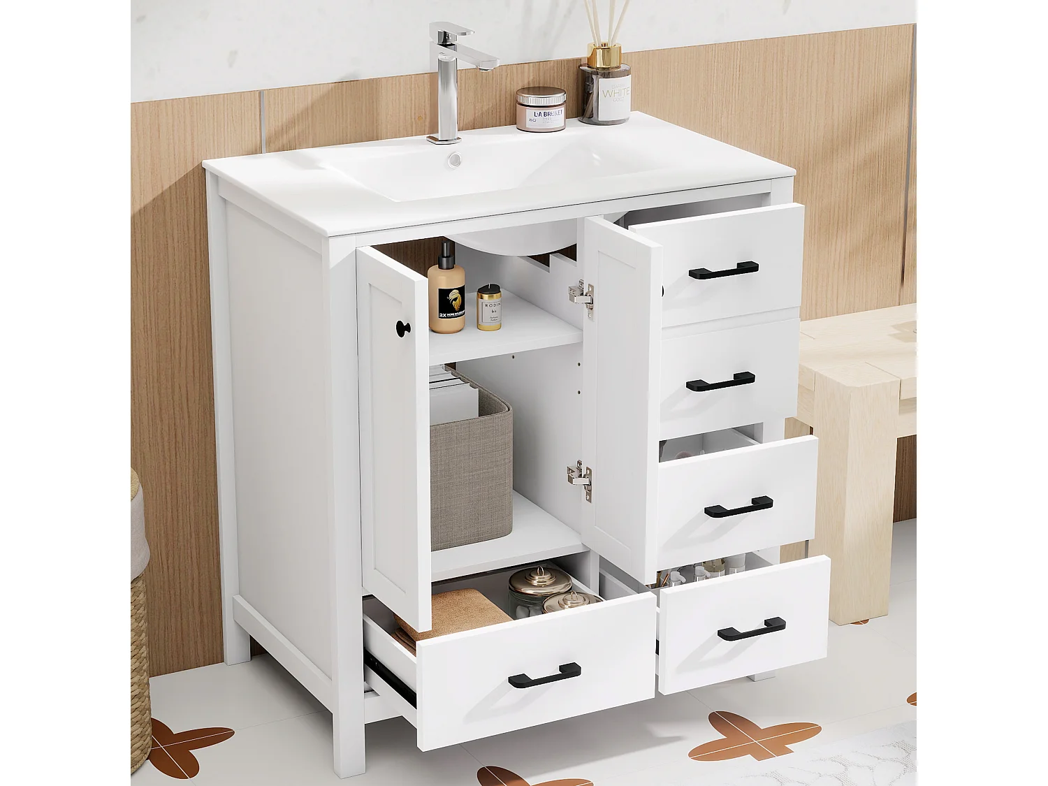 Mobile bagno con lavabo in ceramica, 4 cassetti e 2 ante - MDF e ceramica - 76 x 46,3 x 82,3 cm - Bianco