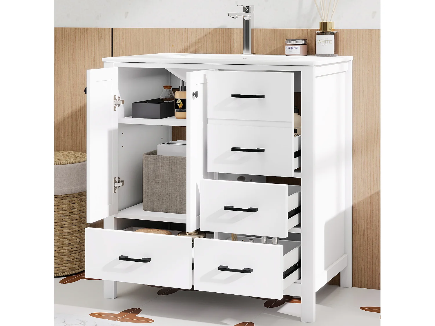 Mobile bagno con lavabo in ceramica, 4 cassetti e 2 ante - MDF e ceramica - 76 x 46,3 x 82,3 cm - Bianco