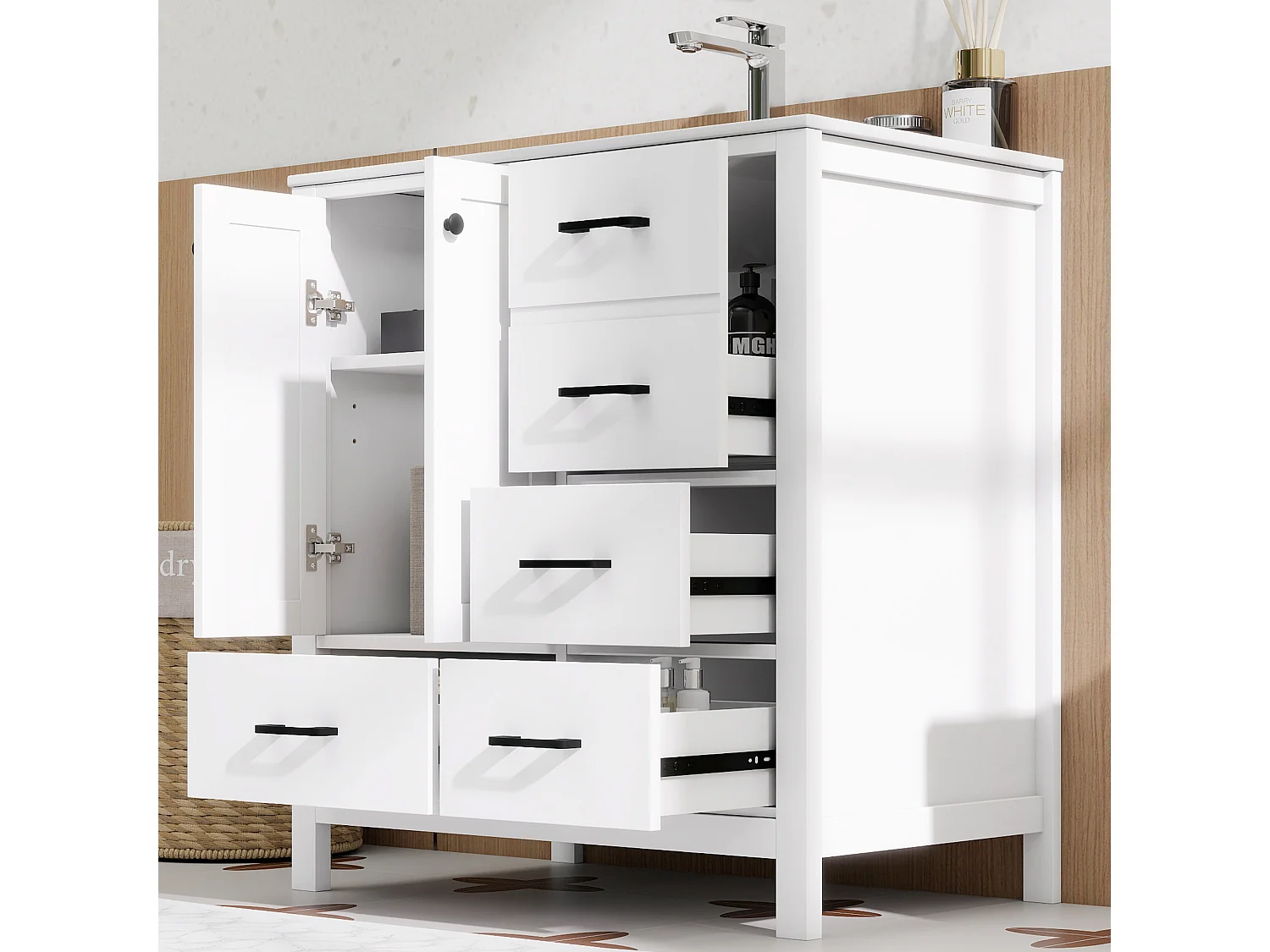 Mobile bagno con lavabo in ceramica, 4 cassetti e 2 ante - MDF e ceramica - 76 x 46,3 x 82,3 cm - Bianco