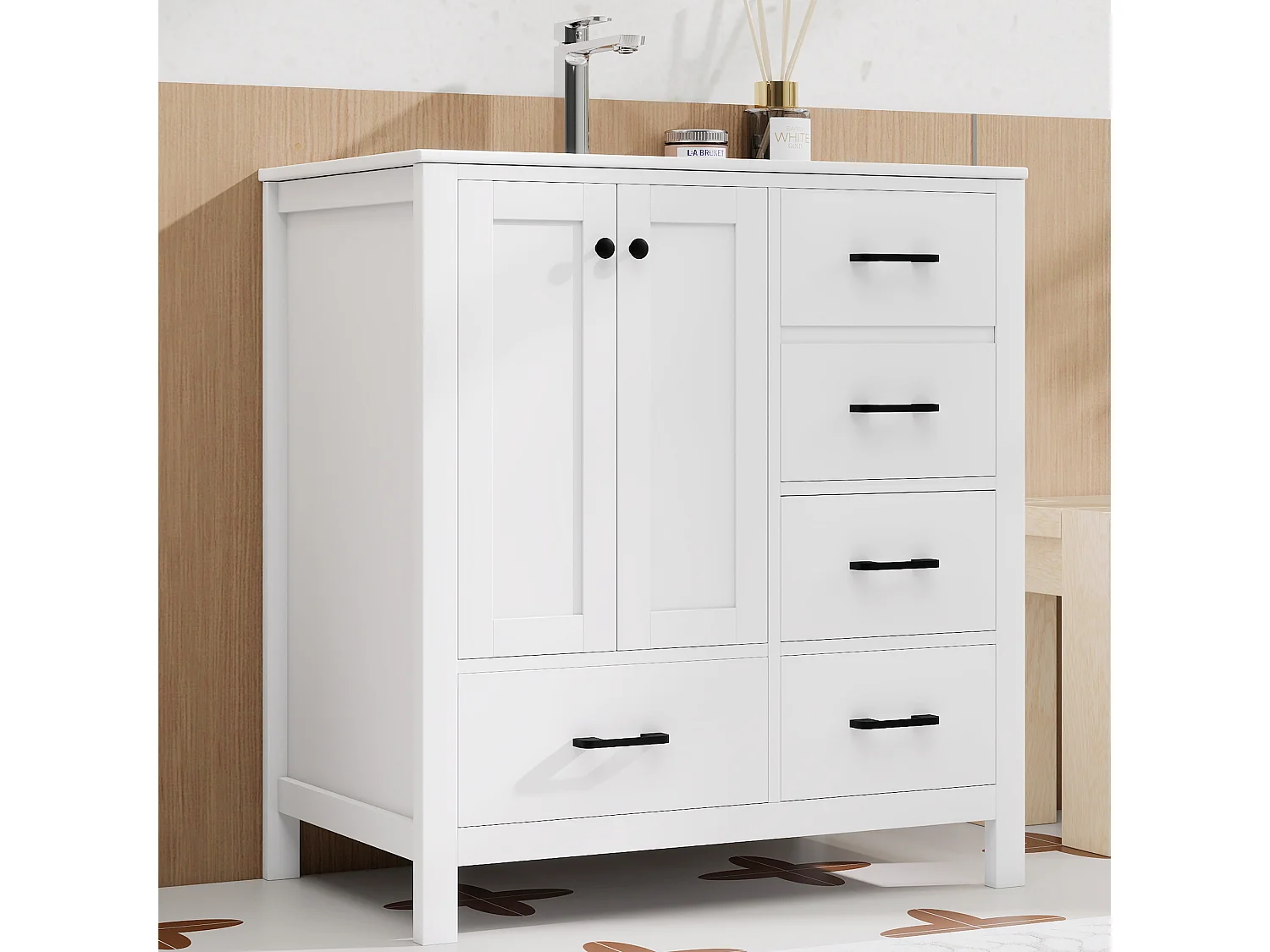 Mobile bagno con lavabo in ceramica, 4 cassetti e 2 ante - MDF e ceramica - 76 x 46,3 x 82,3 cm - Bianco