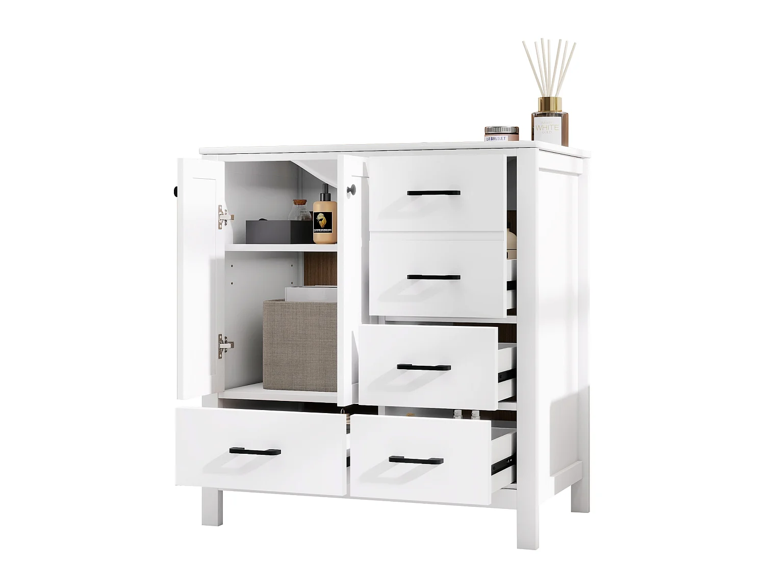 Mobile bagno con lavabo in ceramica, 4 cassetti e 2 ante - MDF e ceramica - 76 x 46,3 x 82,3 cm - Bianco