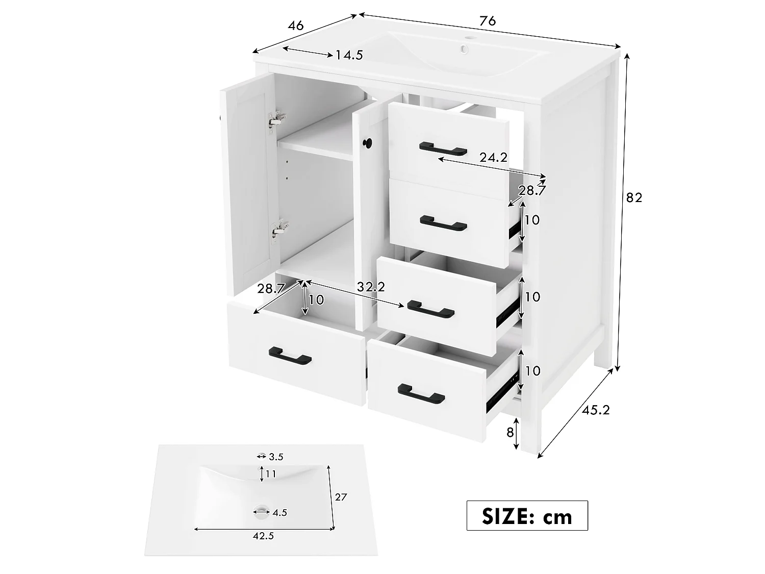 Mobile bagno con lavabo in ceramica, 4 cassetti e 2 ante - MDF e ceramica - 76 x 46,3 x 82,3 cm - Bianco