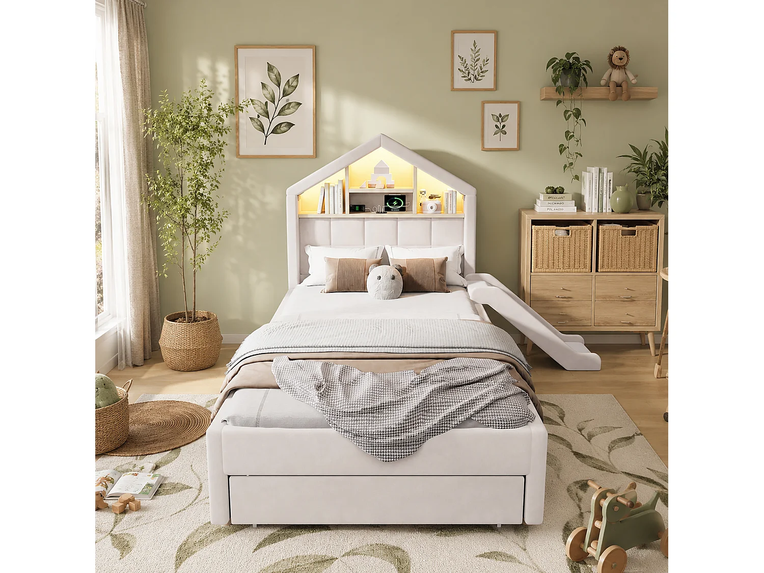 Kinderbett einfach gepolstert 90x200cm - mit LED und Ladeanschluss - mit Rutsche - Velours - beige (ohne Matratze)
