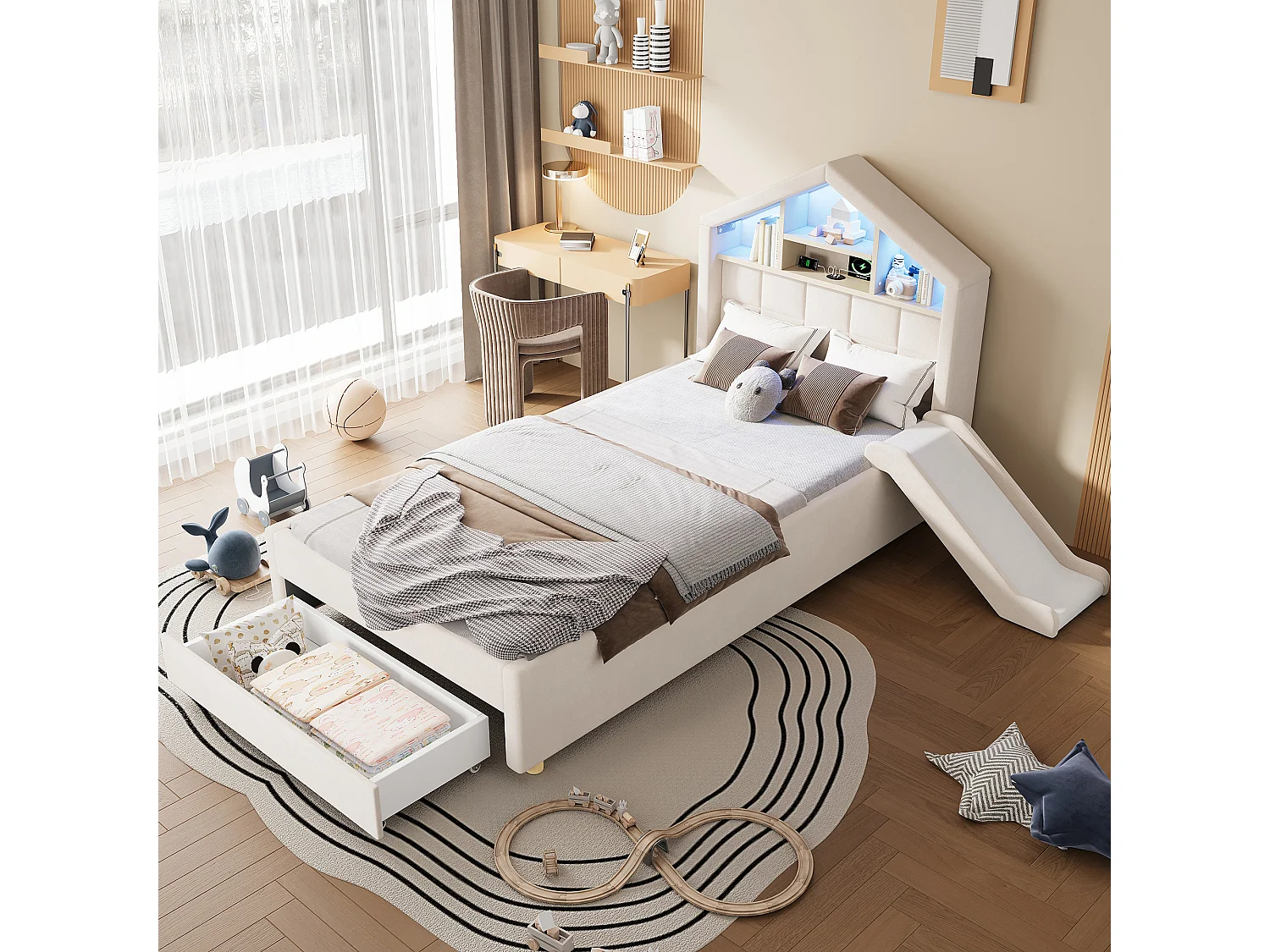 Kinderbett einfach gepolstert 90x200cm - mit LED und Ladeanschluss - mit Rutsche - Velours - beige (ohne Matratze)