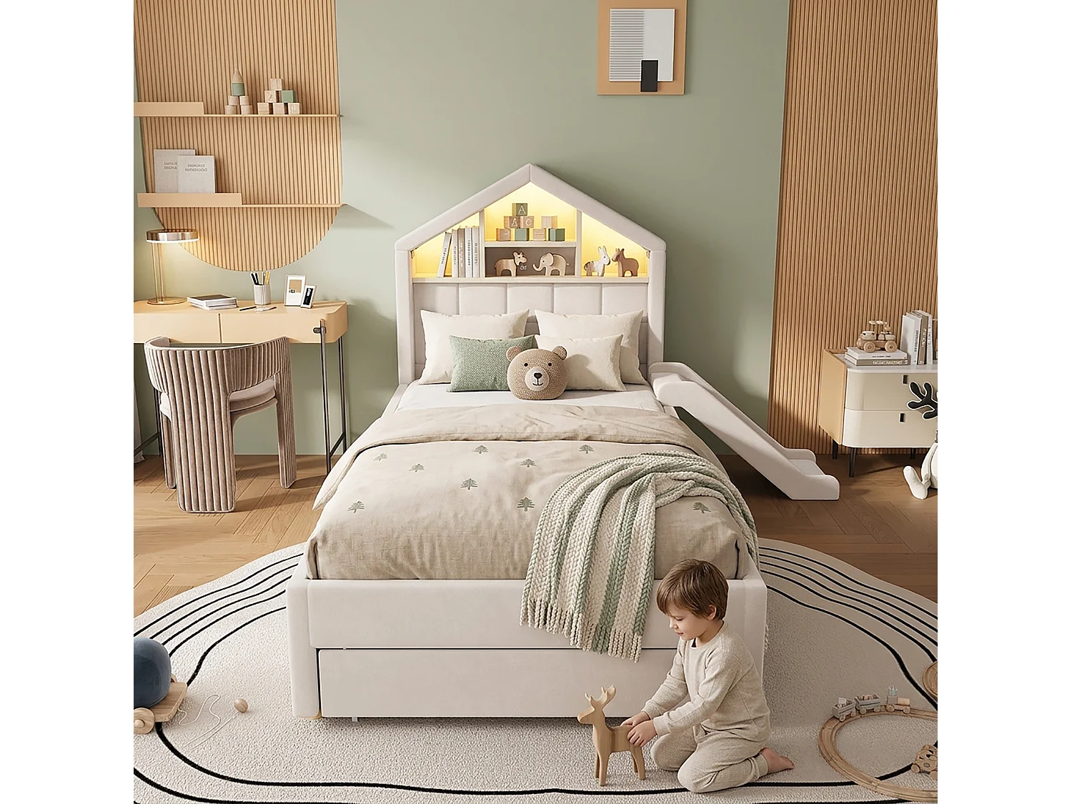 Kinderbett einfach gepolstert 90x200cm - mit LED und Ladeanschluss - mit Rutsche - Velours - beige (ohne Matratze)