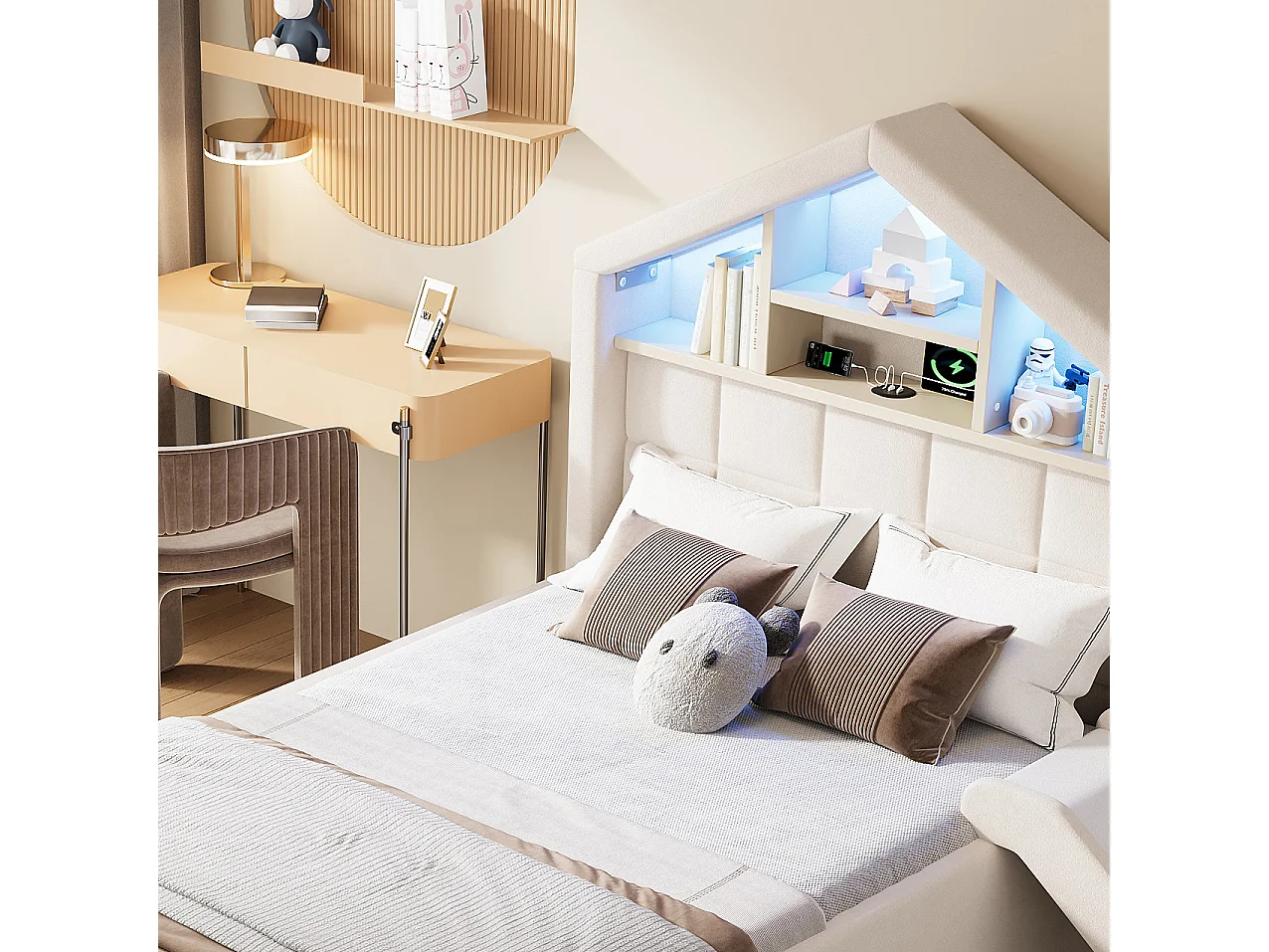 Kinderbett einfach gepolstert 90x200cm - mit LED und Ladeanschluss - mit Rutsche - Velours - beige (ohne Matratze)