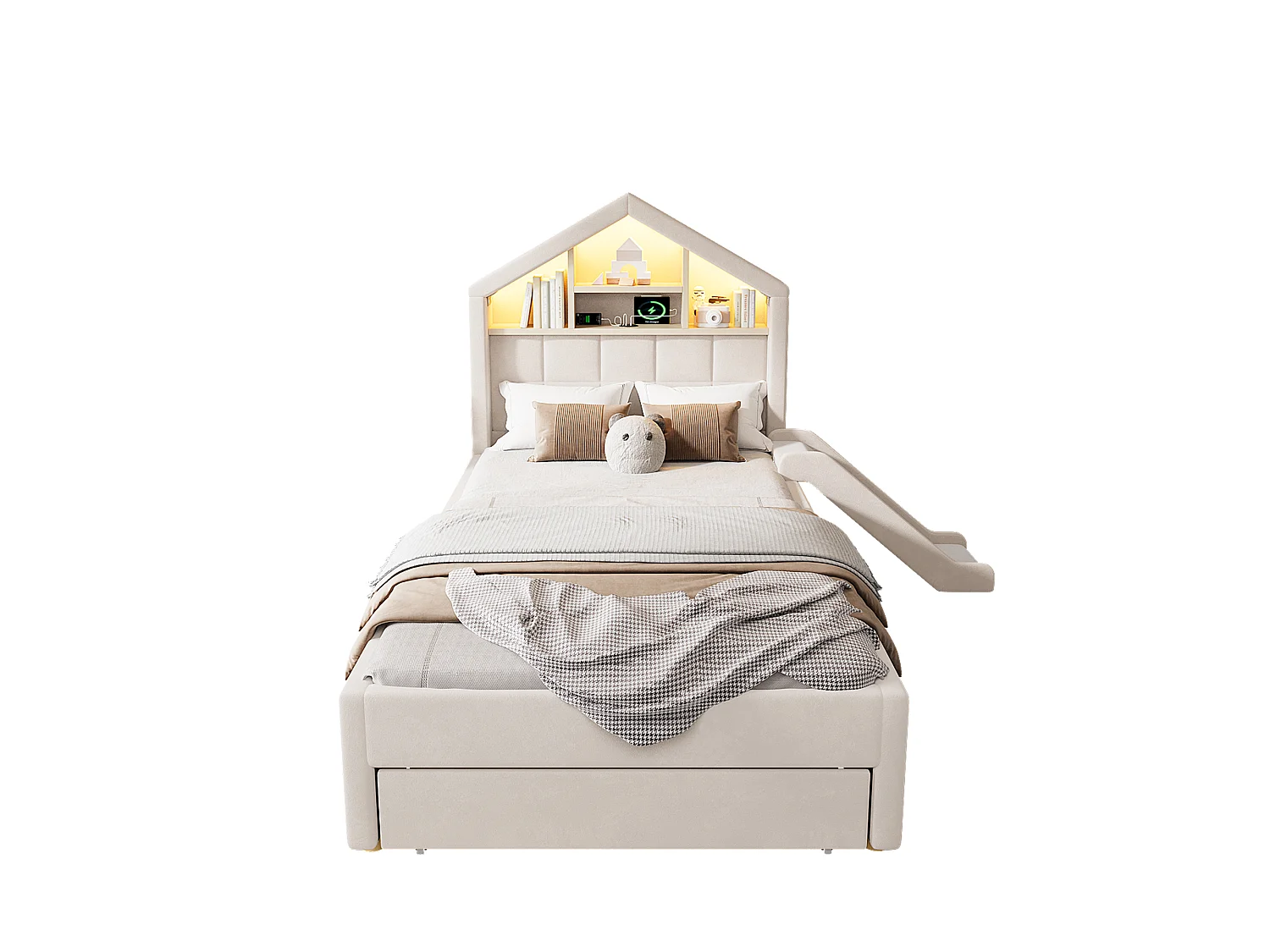 Kinderbett einfach gepolstert 90x200cm - mit LED und Ladeanschluss - mit Rutsche - Velours - beige (ohne Matratze)