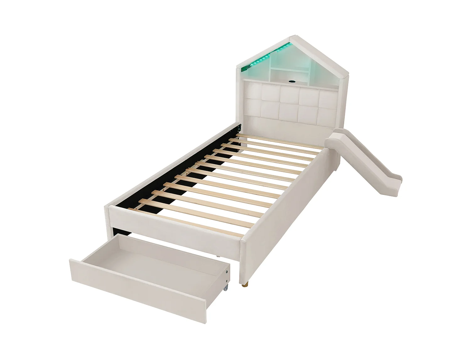Kinderbett einfach gepolstert 90x200cm - mit LED und Ladeanschluss - mit Rutsche - Velours - beige (ohne Matratze)
