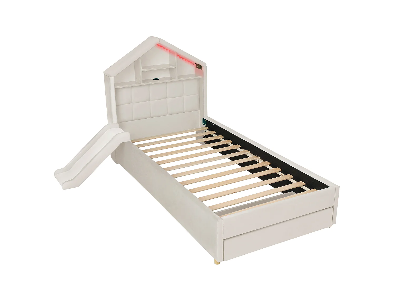 Kinderbett einfach gepolstert 90x200cm - mit LED und Ladeanschluss - mit Rutsche - Velours - beige (ohne Matratze)