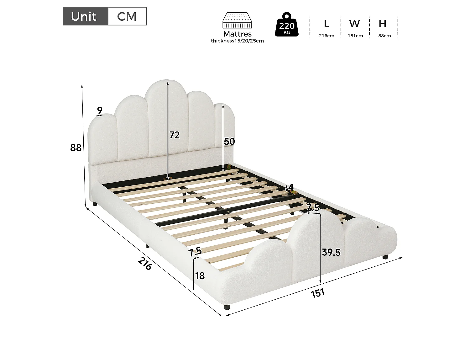 Lit enfant capitonné 140 x 200 cm - Tête de lit capitonnée - Coins arrondis - Tissu bouclé - Beige (Matelas non inclus)