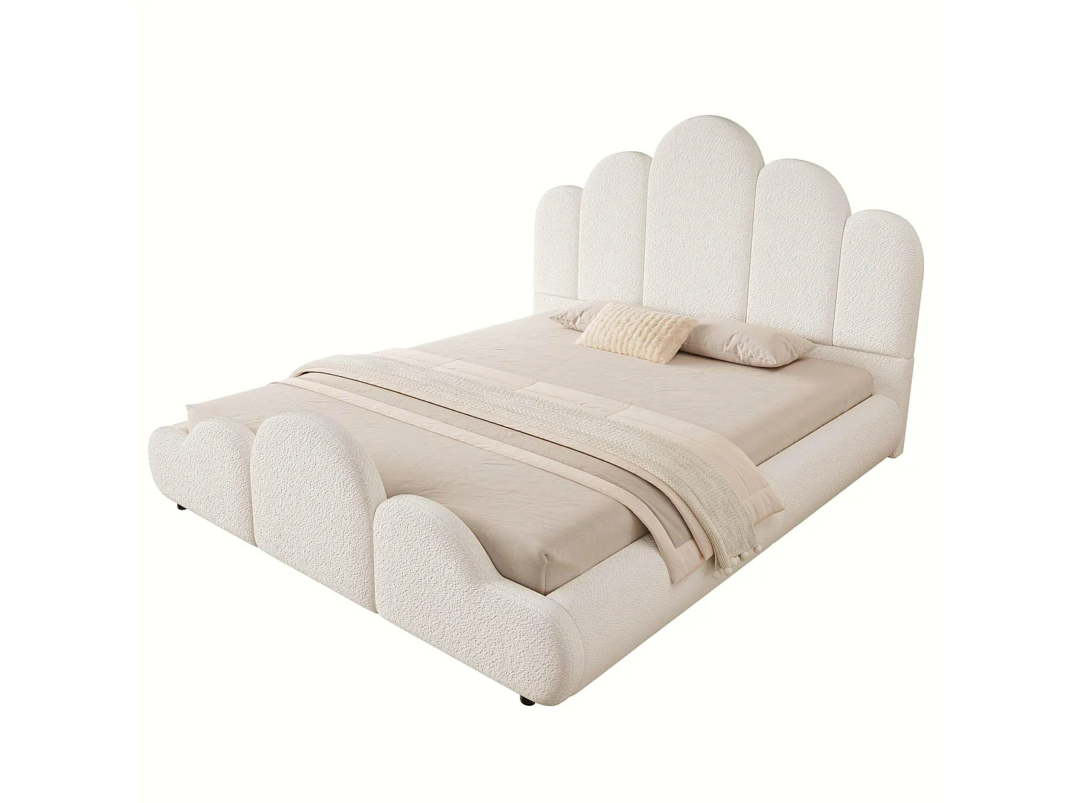 Lit enfant capitonné 140 x 200 cm - Tête de lit capitonnée - Coins arrondis - Tissu bouclé - Beige (Matelas non inclus)
