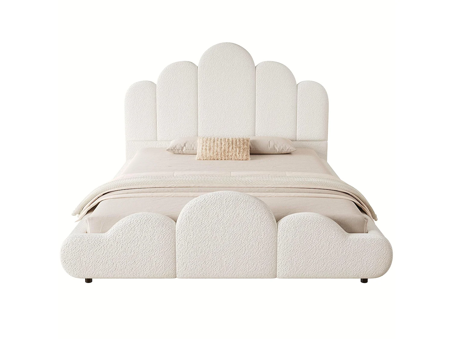 Lit enfant capitonné 140 x 200 cm - Tête de lit capitonnée - Coins arrondis - Tissu bouclé - Beige (Matelas non inclus)