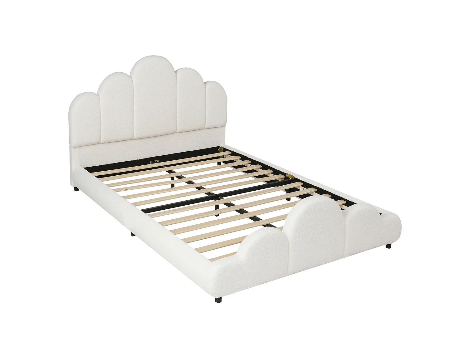 Lit enfant capitonné 140 x 200 cm - Tête de lit capitonnée - Coins arrondis - Tissu bouclé - Beige (Matelas non inclus)