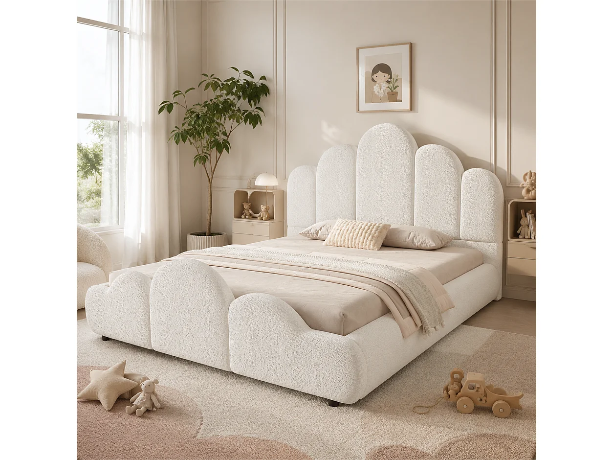Lit enfant capitonné 140 x 200 cm - Tête de lit capitonnée - Coins arrondis - Tissu bouclé - Beige (Matelas non inclus)