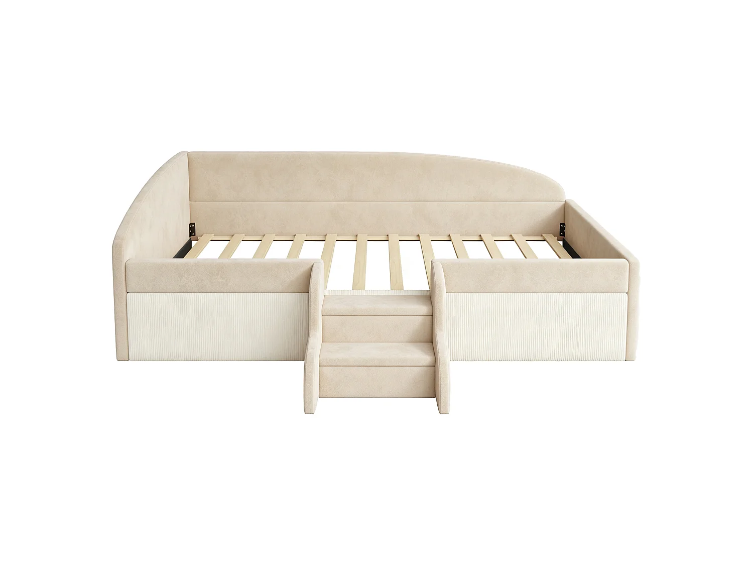 Børneseng polstret 90x190 cm - med trapper - med sikkerhedsgitre - velourstof i kødfarve - beige (madras ikke inkluderet)