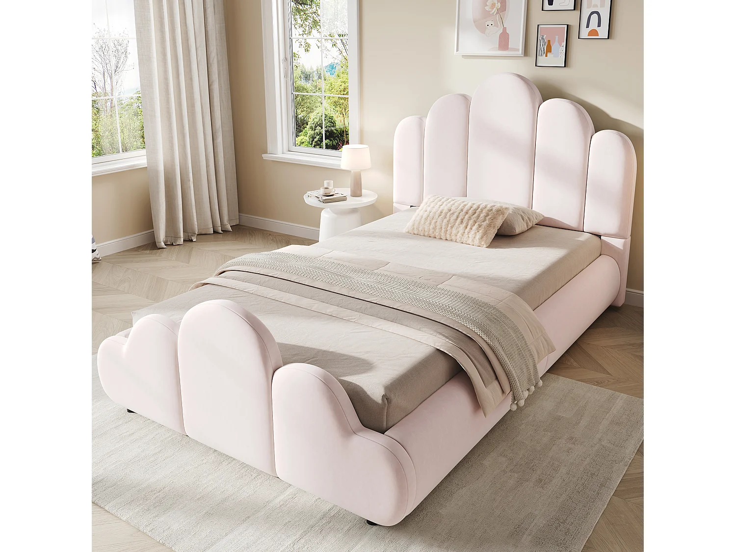Lit enfant capitonné 90 x 200 cm - Tête de lit capitonnée - Coins arrondis - Tissu velours - Rose (Matelas non inclus)