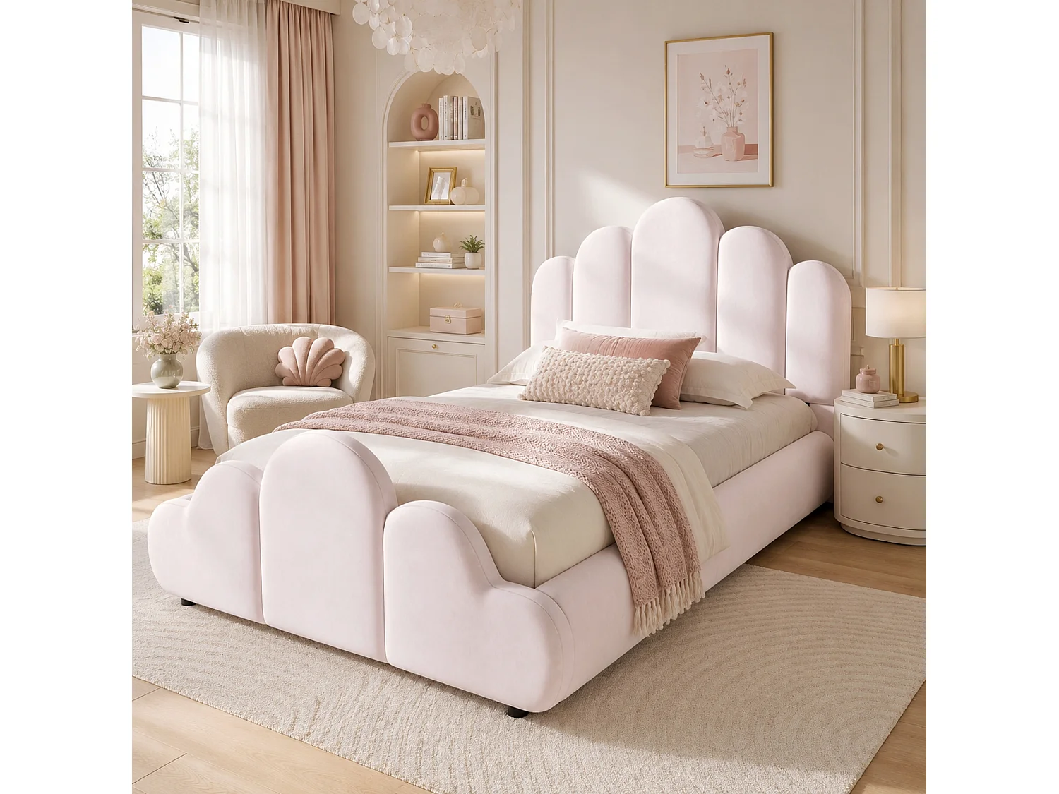 Lit enfant capitonné 90 x 200 cm - Tête de lit capitonnée - Coins arrondis - Tissu velours - Rose (Matelas non inclus)