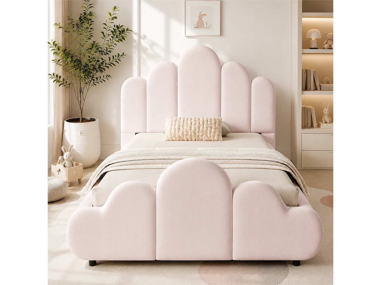 Lit enfant capitonné 90 x 200 cm - Tête de lit capitonnée - Coins arrondis - Tissu velours - Rose (Matelas non inclus)