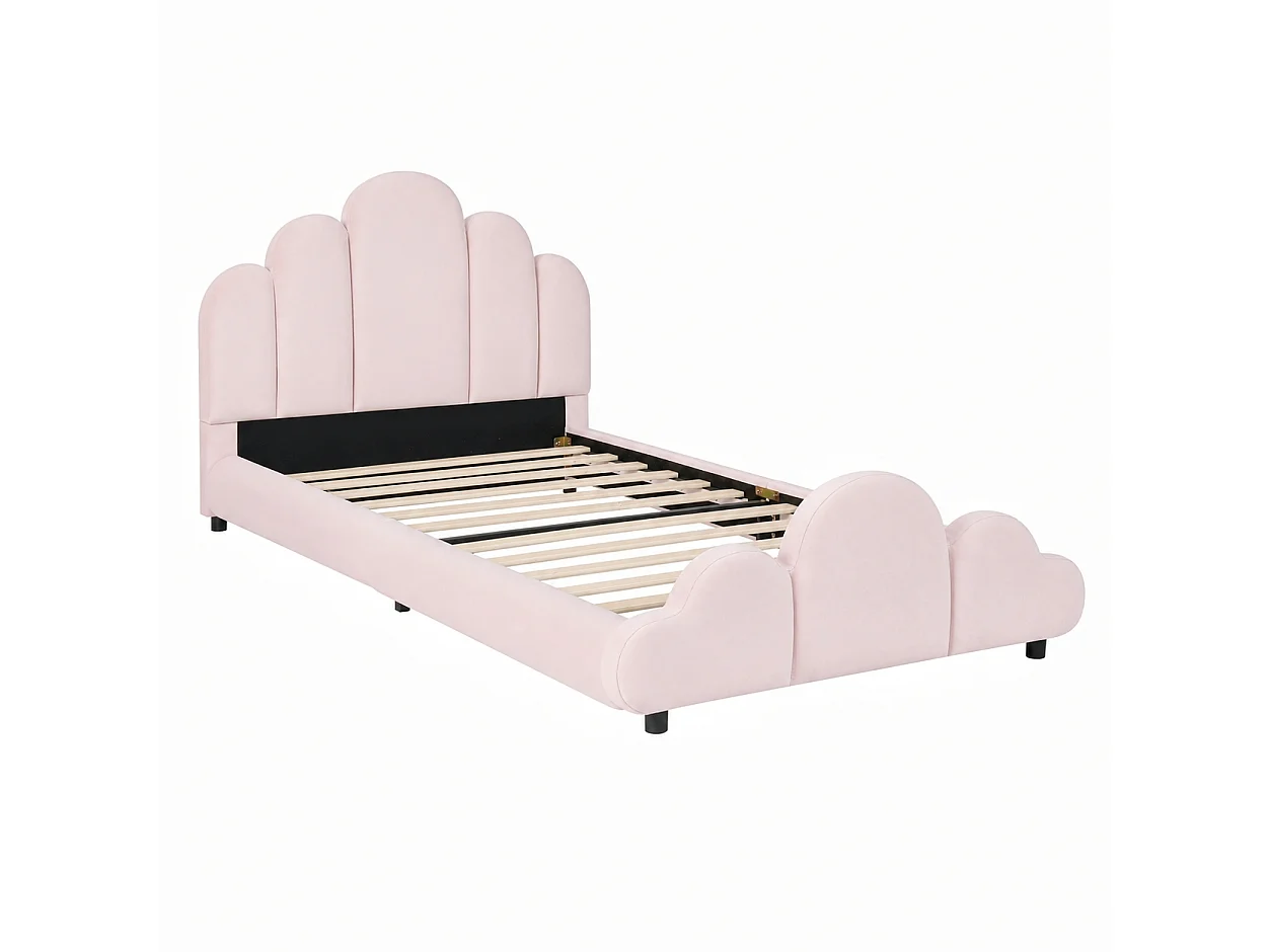 Lit enfant capitonné 90 x 200 cm - Tête de lit capitonnée - Coins arrondis - Tissu velours - Rose (Matelas non inclus)
