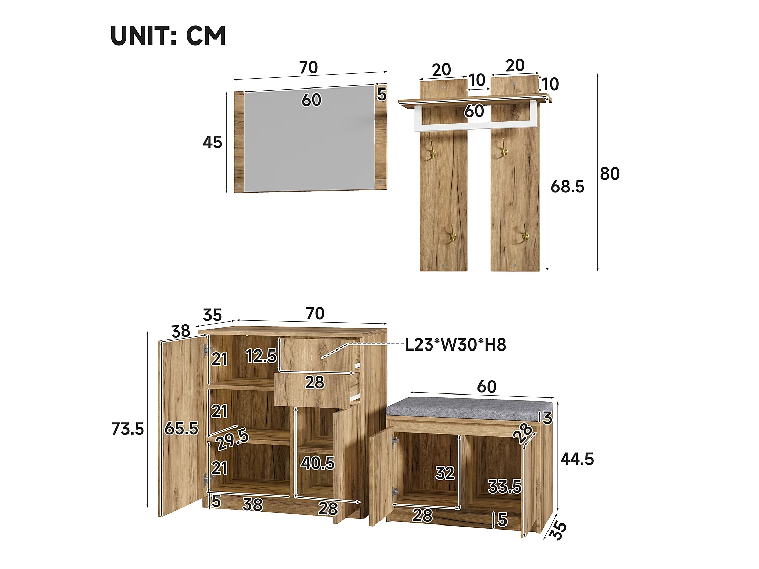 Zestaw przedpokojowy 130x35x124.5cm - z lustrem i szafką na buty - ławka na buty i stojak na ubrania - Naturalny