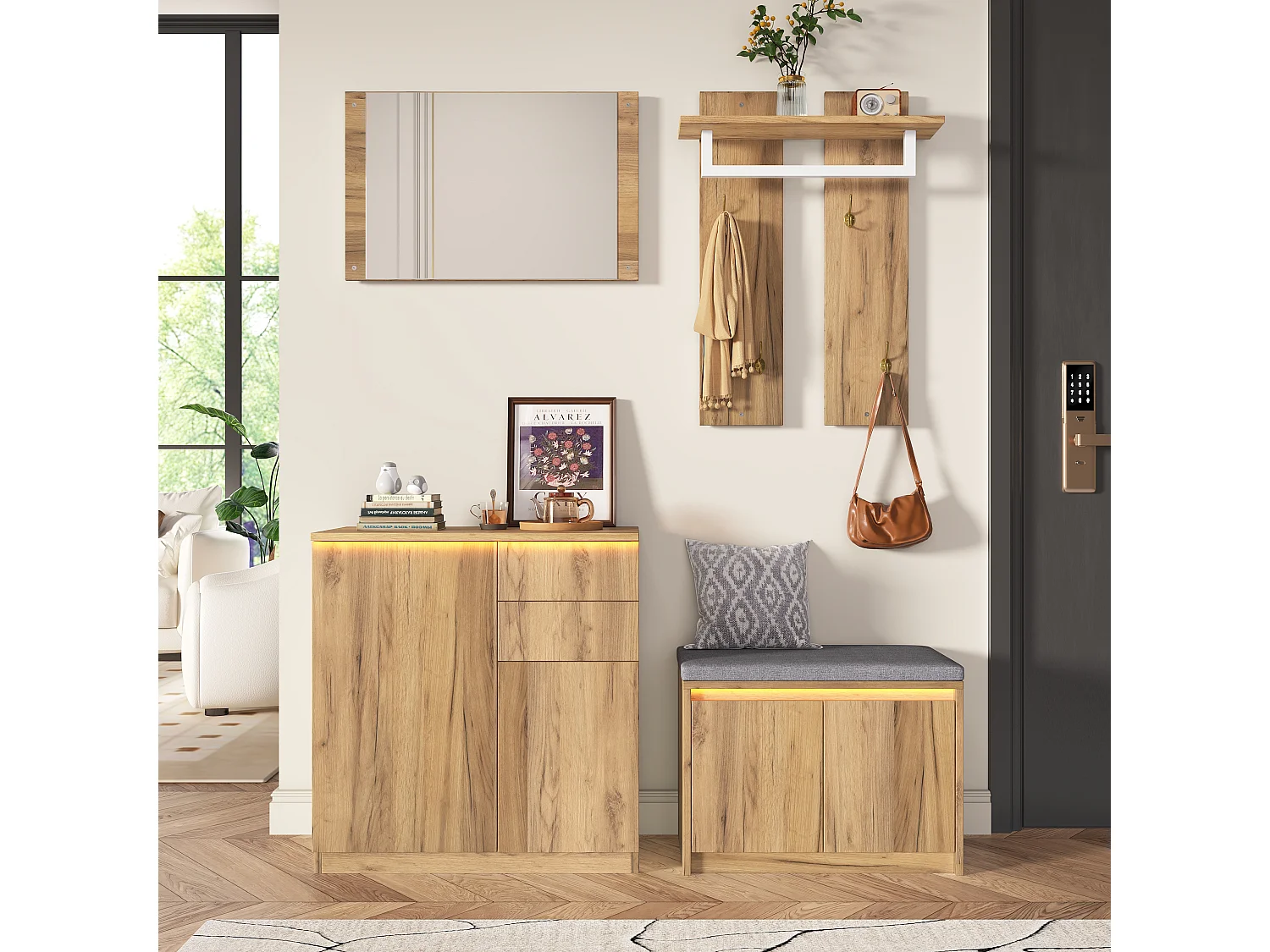 Zestaw przedpokojowy 130x35x124.5cm - z lustrem i szafką na buty - ławka na buty i stojak na ubrania - Naturalny