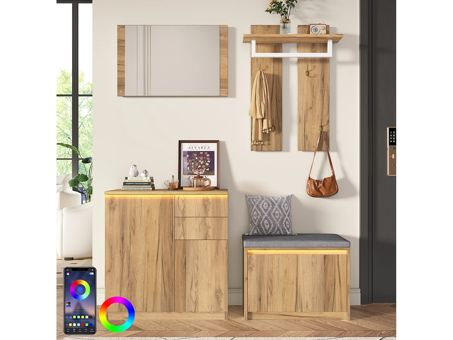 Zestaw przedpokojowy 130x35x124.5cm - z lustrem i szafką na buty - ławka na buty i stojak na ubrania - Naturalny