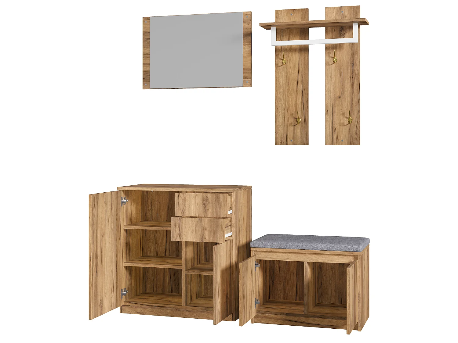Zestaw przedpokojowy 130x35x124.5cm - z lustrem i szafką na buty - ławka na buty i stojak na ubrania - Naturalny