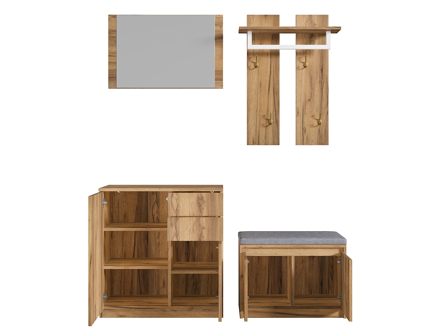 Zestaw przedpokojowy 130x35x124.5cm - z lustrem i szafką na buty - ławka na buty i stojak na ubrania - Naturalny