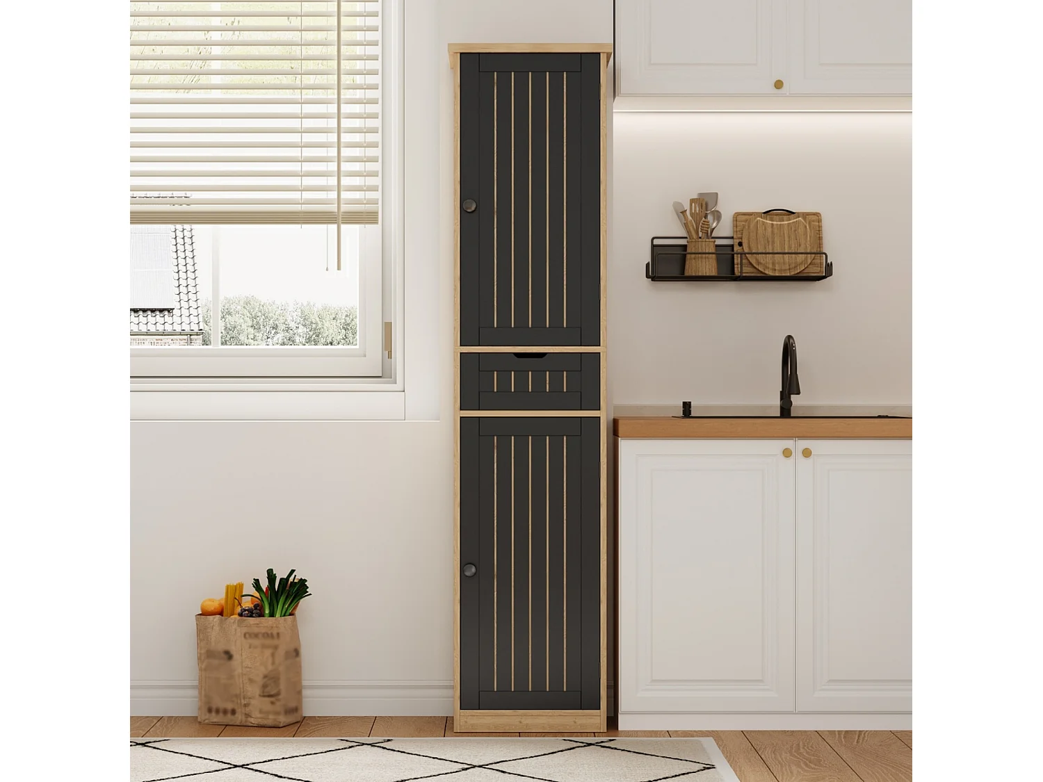 Colonne de rangement avec 2 portes, 1 tiroir et 4 étagères réglables, buffet de cuisine - 40 x 30 x 170 cm - MDF - Naturel + noir