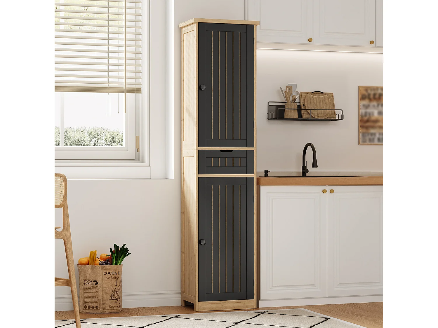 Colonne de rangement avec 2 portes, 1 tiroir et 4 étagères réglables, buffet de cuisine - 40 x 30 x 170 cm - MDF - Naturel + noir