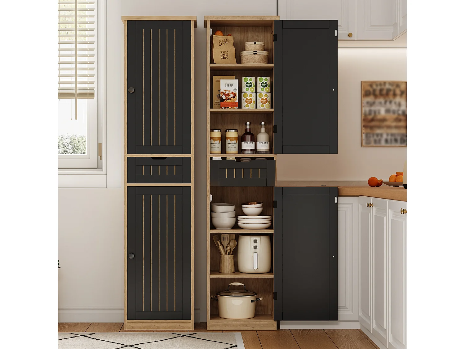 Colonne de rangement avec 2 portes, 1 tiroir et 4 étagères réglables, buffet de cuisine - 40 x 30 x 170 cm - MDF - Naturel + noir