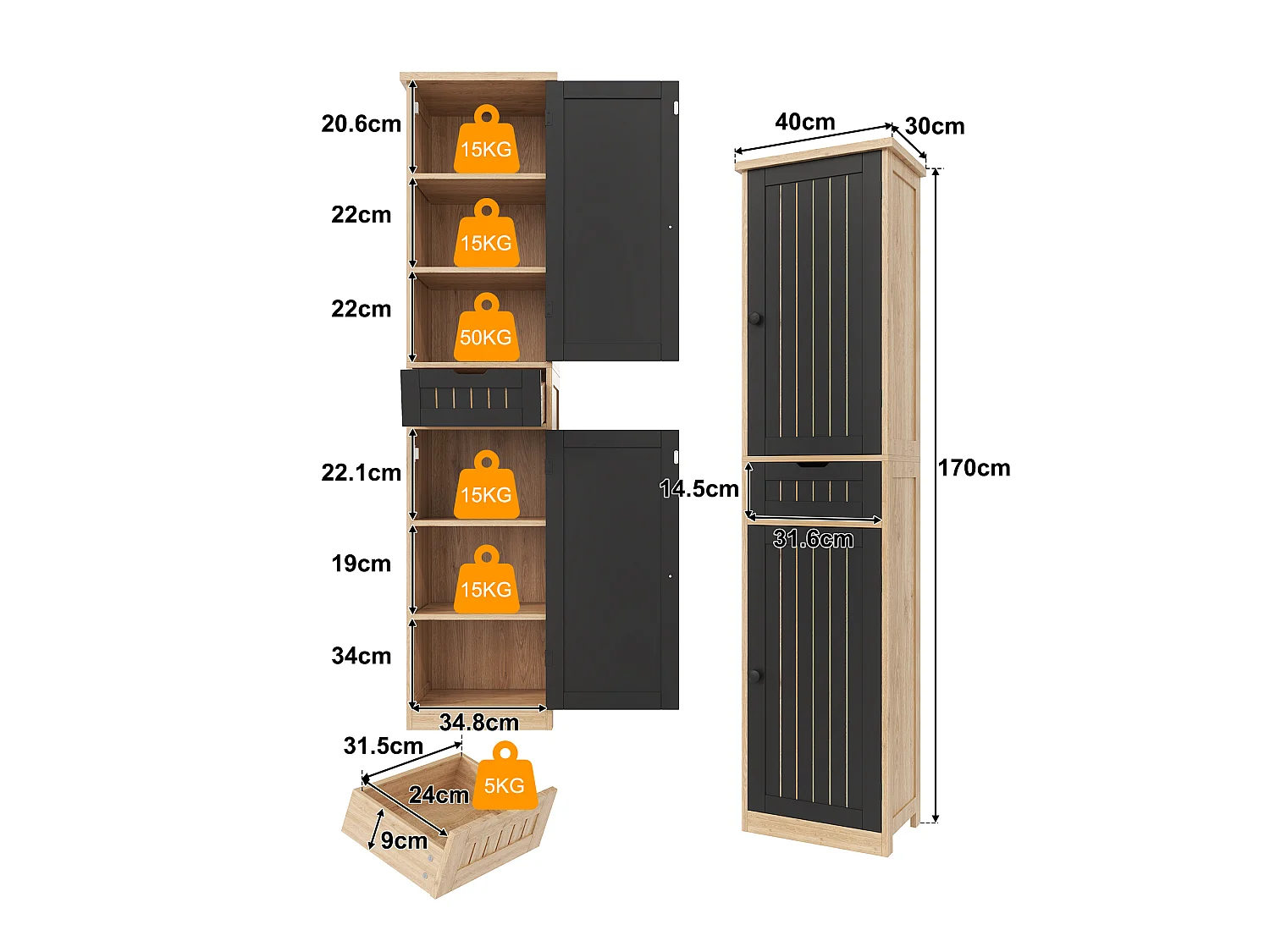 Colonne de rangement avec 2 portes, 1 tiroir et 4 étagères réglables, buffet de cuisine - 40 x 30 x 170 cm - MDF - Naturel + noir